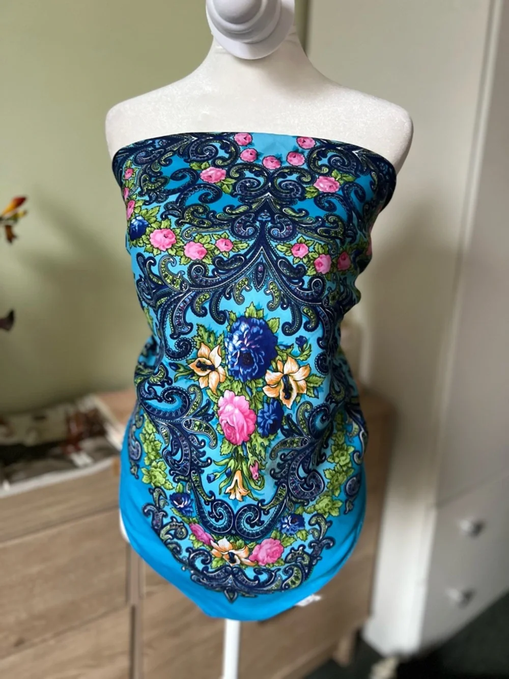 Turquoise Blue Colorful Floral Paisley Multi-Use Scarf Head-Covering Accessory